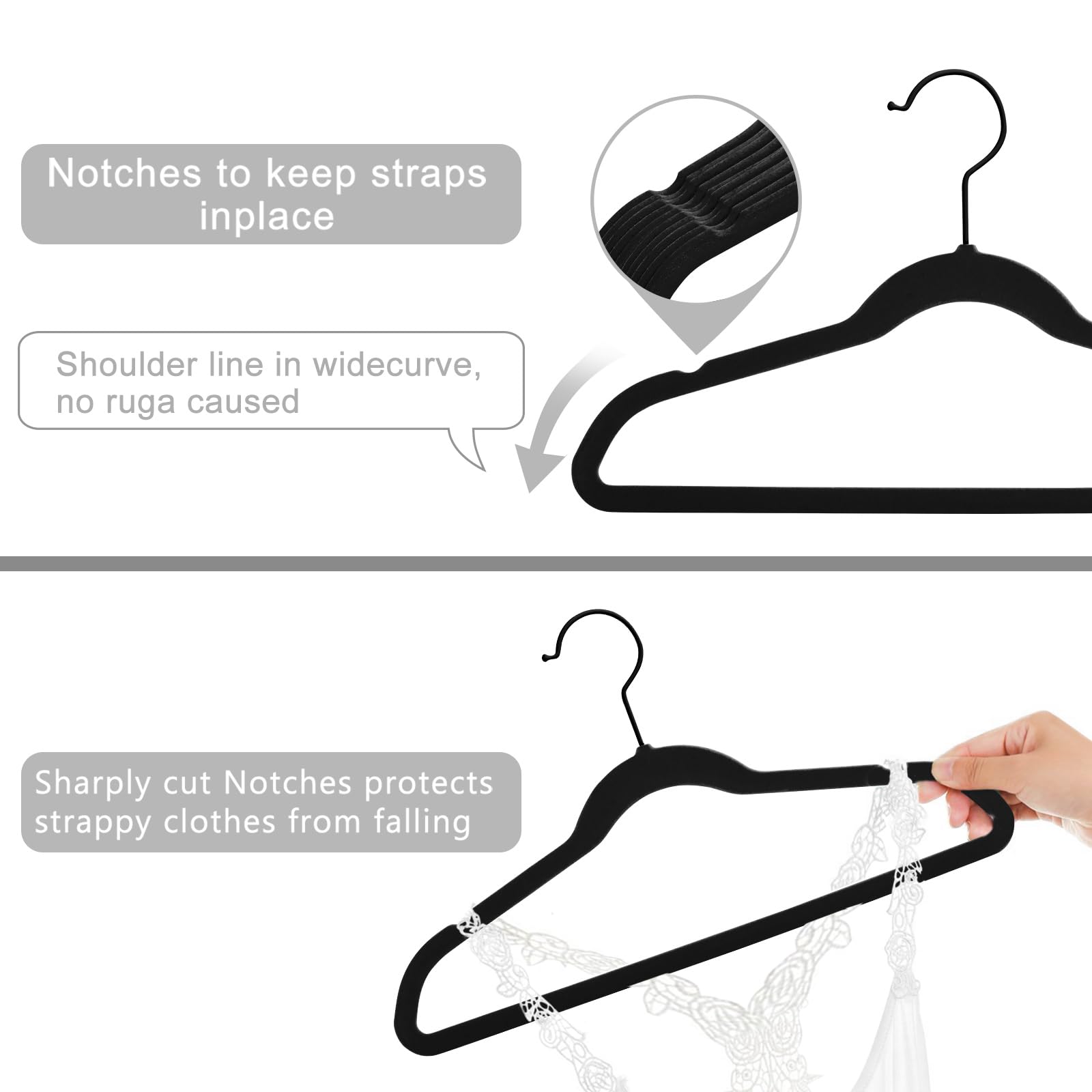 Mizgi Premium Kids Velvet Hangers (Pack Of 50) With Black Hooks,Space Saving Ultra Thin,Non Slip Baby Hangers For Children'S Ski